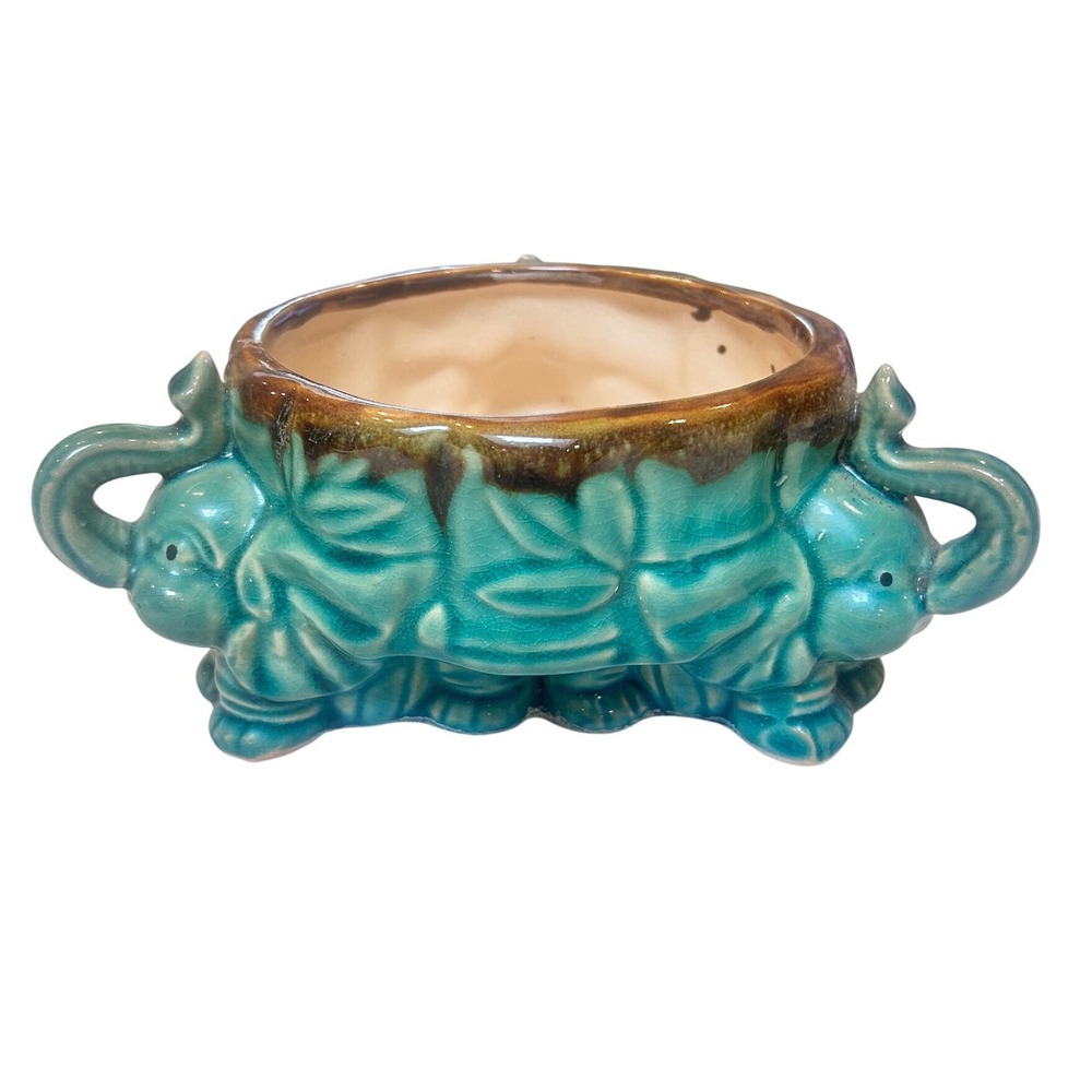 Vintage Elephant Ceramic Planter Turquoise Teal Crackle Glaze Drip Rim Boho